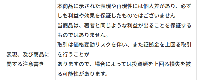 注意書きには利益は保証されず返金もない