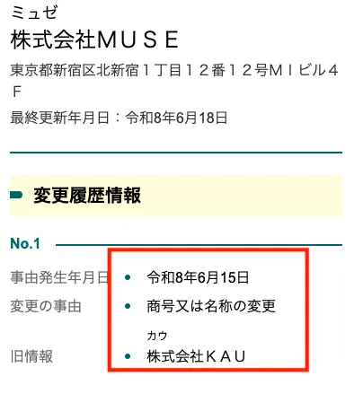 株式会社MUSEの登記のスクリーンショット