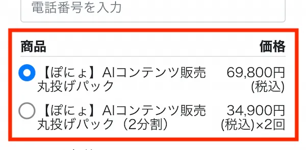 在宅副業女子ぽにょのコンテンツ販売の料金は69,800円(税込)